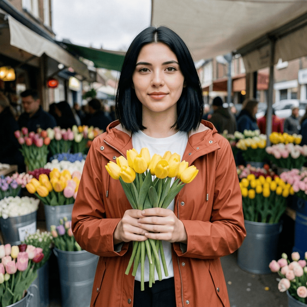Nano Banana 2.1 — a blue denim jacket changed to a rust-orange raincoat while the woman's face, the tulips and the flower stall stay the same