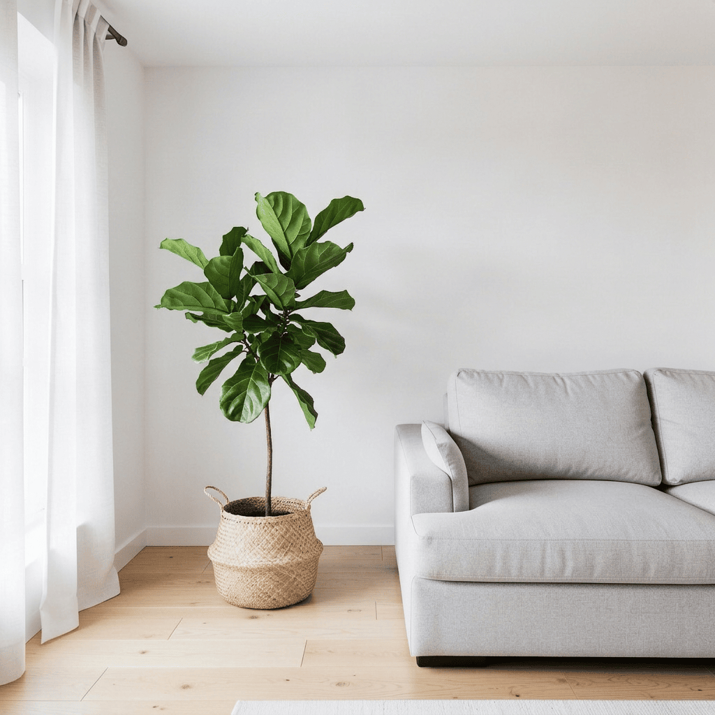 Nano Banana 2.1 — a red scribble on a photo of a living room replaced by a fiddle-leaf fig in a woven basket, with the marking removed