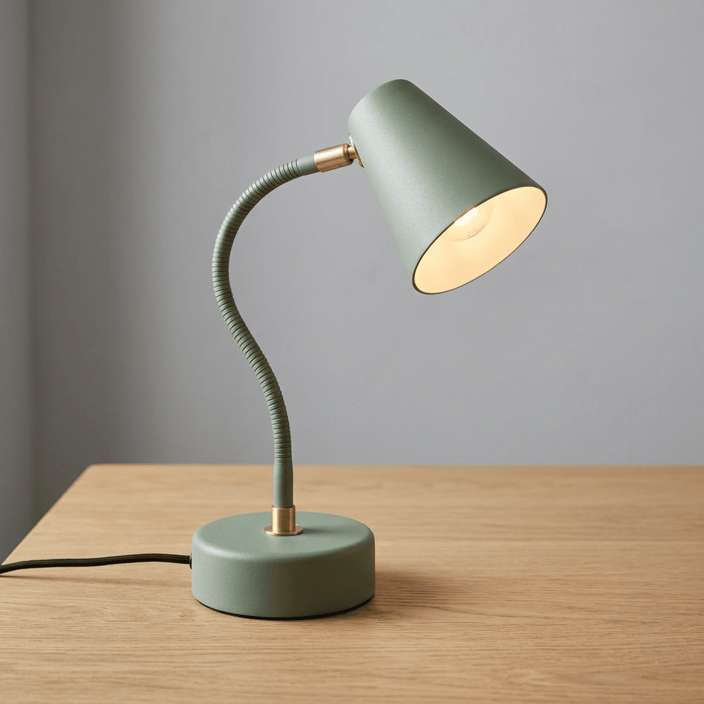 Nano Banana 2.1 — a rough pencil sketch of a desk lamp turned into a studio photo of a sage-green lamp with a brass joint on an oak desk