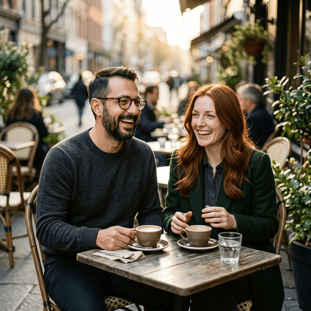Nano Banana 2.1 — a bearded man with glasses and a red-haired woman from two separate portraits laughing together at a cafe table