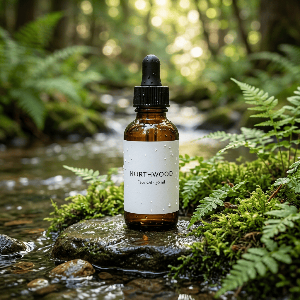 Nano Banana 2.1 — an amber dropper bottle moved from a white studio background onto a mossy stone by a forest stream, its label now reading "NORTHWOOD"