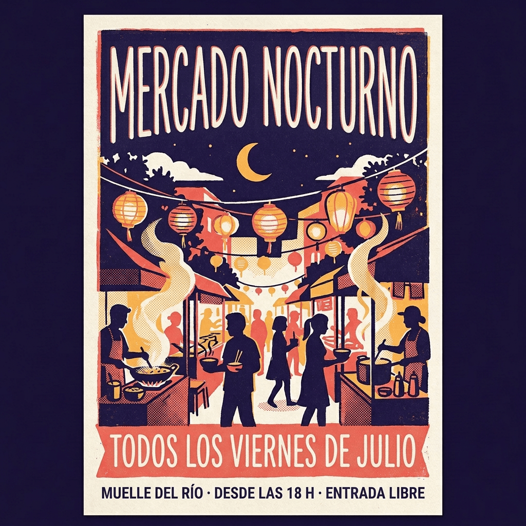 Nano Banana 2.1 — the "NIGHT MARKET" poster translated into Spanish as "MERCADO NOCTURNO" with the illustration, colours and lettering unchanged