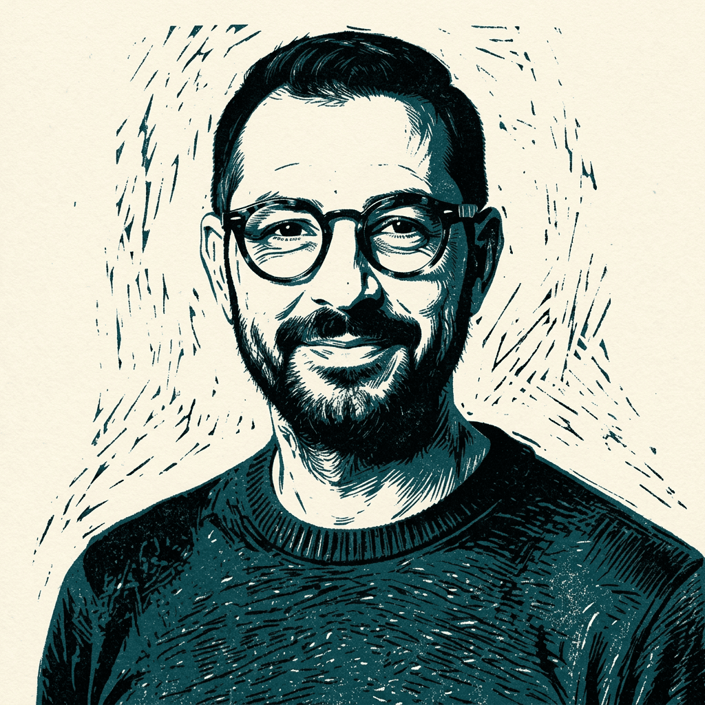 Nano Banana 2.1 — a studio portrait of a bearded man with round glasses re-rendered as a black and teal linocut print