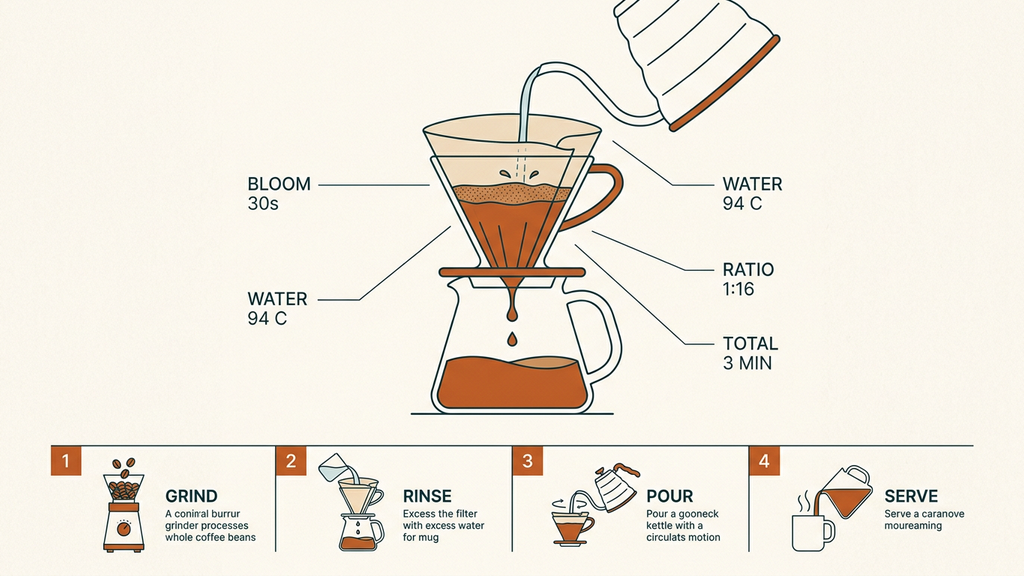 Flat-vector pour-over coffee infographic with labelled callouts, generated with Nano Banana 2 on deAPI