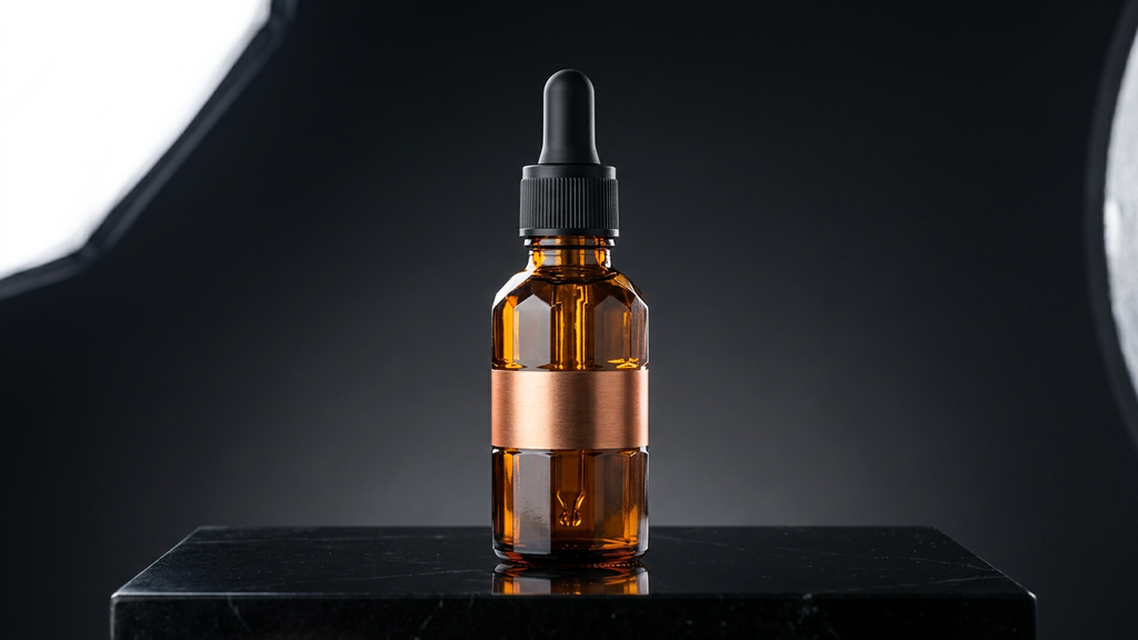 Studio packshot of an amber glass dropper bottle on black stone, generated with Nano Banana 2 on deAPI