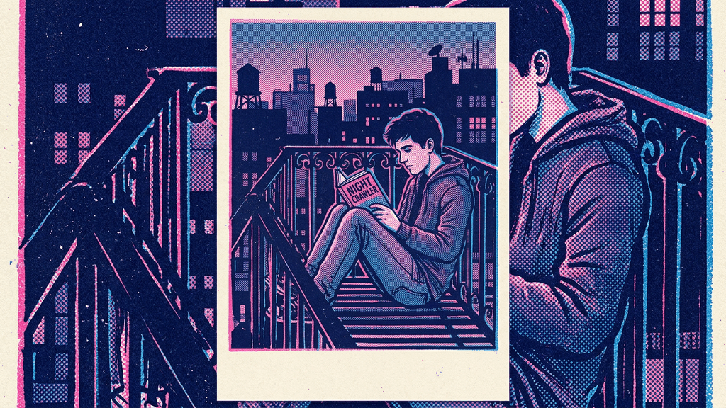 Two-colour risograph poster of a man reading on a fire escape, generated with Nano Banana 2 on deAPI