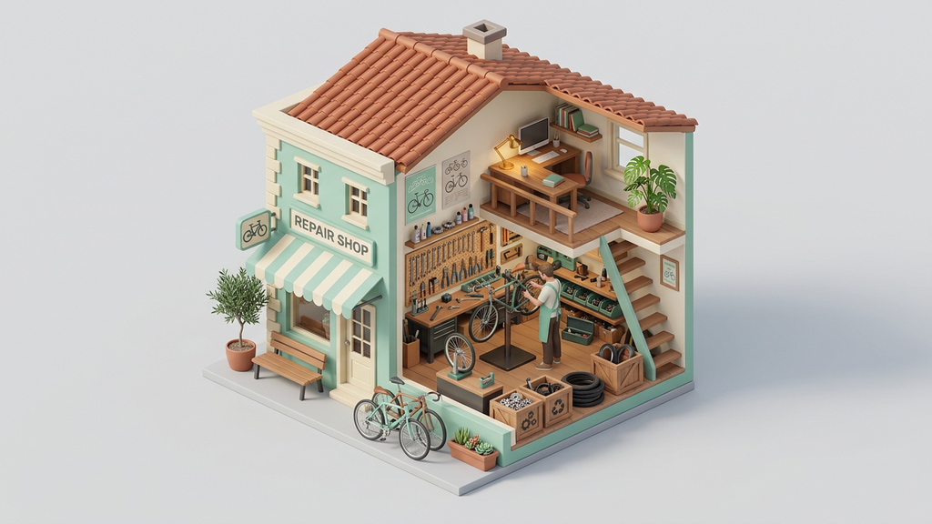 Isometric miniature diorama of a bicycle repair shop, generated with Nano Banana 2 on deAPI